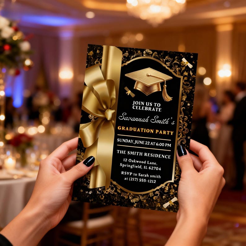 Black and Gold Graduation Party Invitation Template, Editable Grad ...