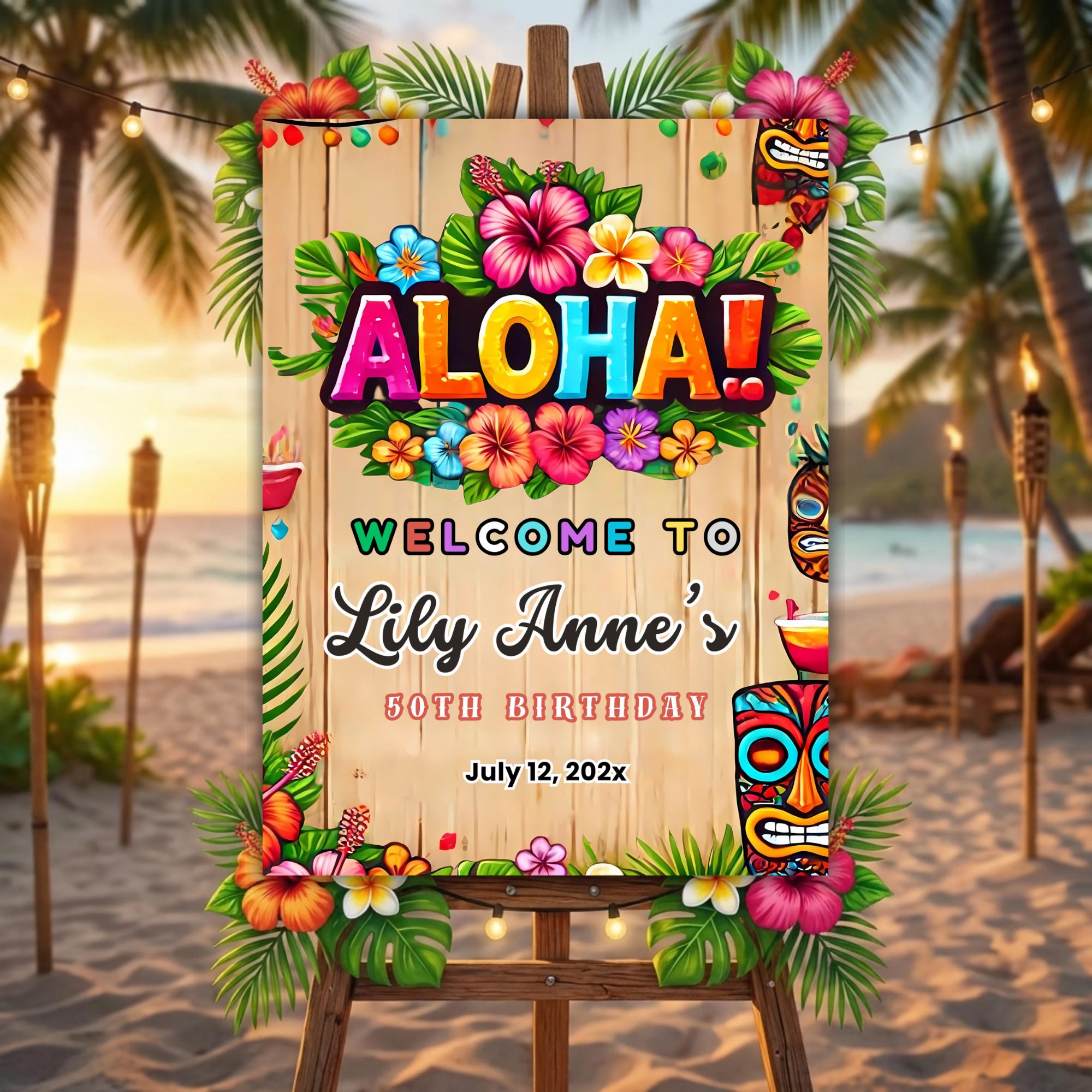Aloha Welcome Sign Canva Template, Hawaiian Luau Tropical Party Sign ...