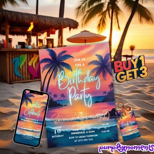 d'invitation de fête d'anniversaire de coucher de soleil tropical | Téléchargement numérique modifiable | Invitation thème plage | Achetez-en 1, obtenez-en 3 | Impression instantanée