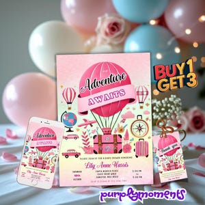 Avontuur wacht op babyshower uitnodiging heteluchtballon thema bewerkbare roze afdrukbare sjabloon digitale download decor meisje babyshower feest