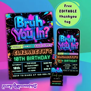 Ben je binnen? Bewerkbare verjaardagsuitnodiging | Sjabloon neongloed feest | 10e verjaardag | Digitaal en afdrukbaar | Gratis bedanktag