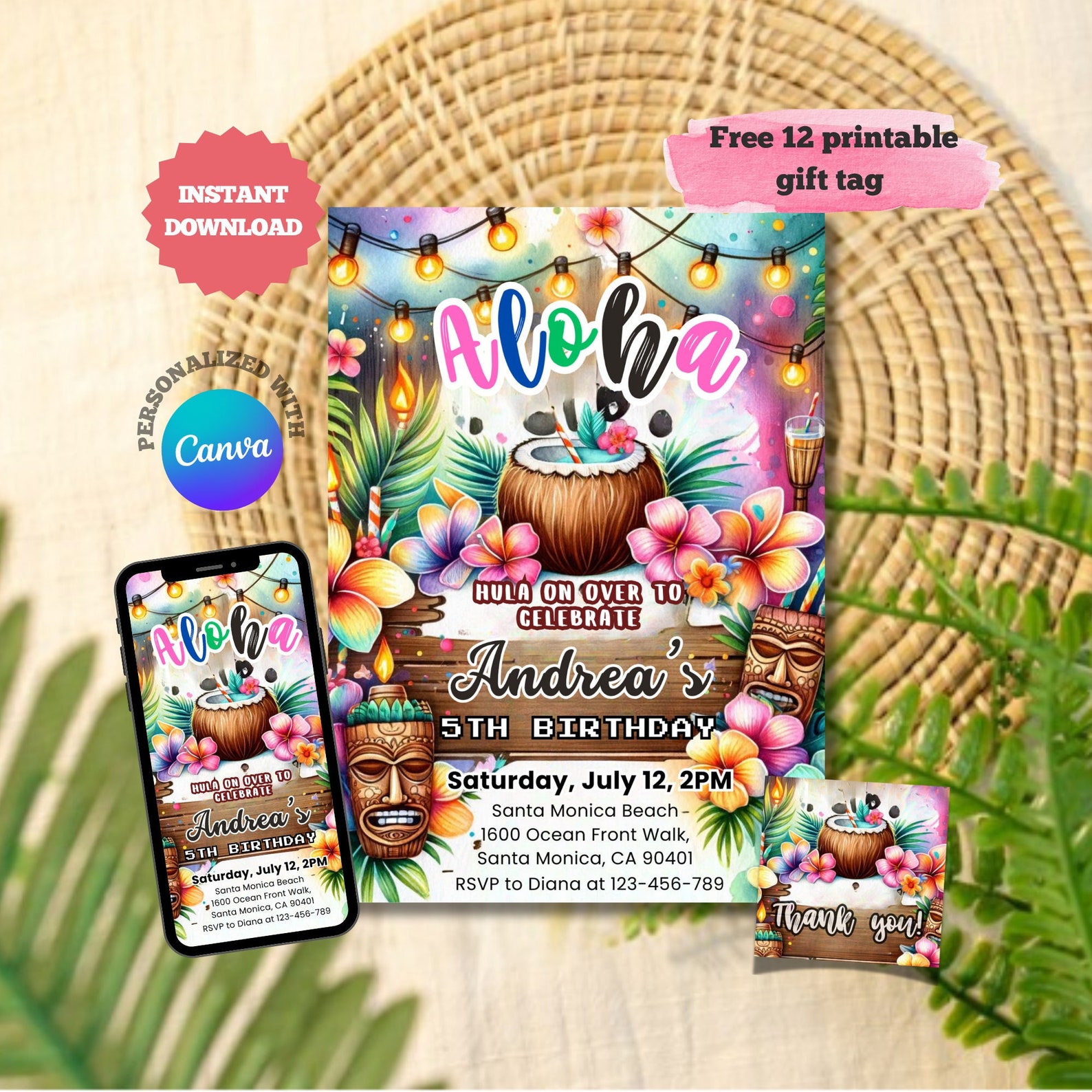 Editable Hawaiian Birthday Party Invitation Aloha Birthday Invitation ...
