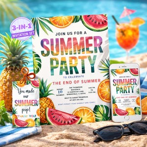Sjabloon uitnodiging zomerfeest, tropische zomer verjaardag uitnodiging canva, bewerkbare zomer BBQ-uitnodiging, afdrukbaar watermeloen zomerfeest