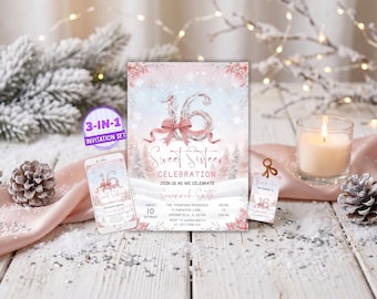 Winter Sweet 16 Invitation Bundle, Blush Pink Snowflake Evite, Phone Invite, Thank You Tag, Winter Wonderland Birthday Template
