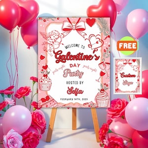 Editable Galentine&#39;s Day Welcome Sign: Girls Night Party Decor (Canva Template)