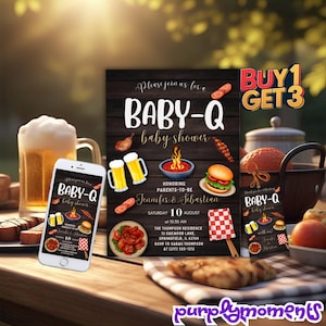 Baby-Q Babypartyeinladungsvorlage - BBQ-Thema Digitale Einladung, bearbeitbares Design für werdende Eltern, sofortiger Download, rustikale Party-Idee