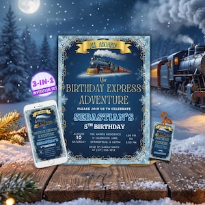 Paquete de invitaciones de cumpleaños con temática de tren navideño mágico, invitación electrónica para fiesta de pijamas de invierno, plantilla de Canva para invitaciones de cumpleaños con temática de tren navideño para niños