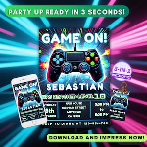 Video Game Birthday Invitation Gaming Party Invite Level Up Editable Template Any Age Digital 3 in 1 Set Phone Invite