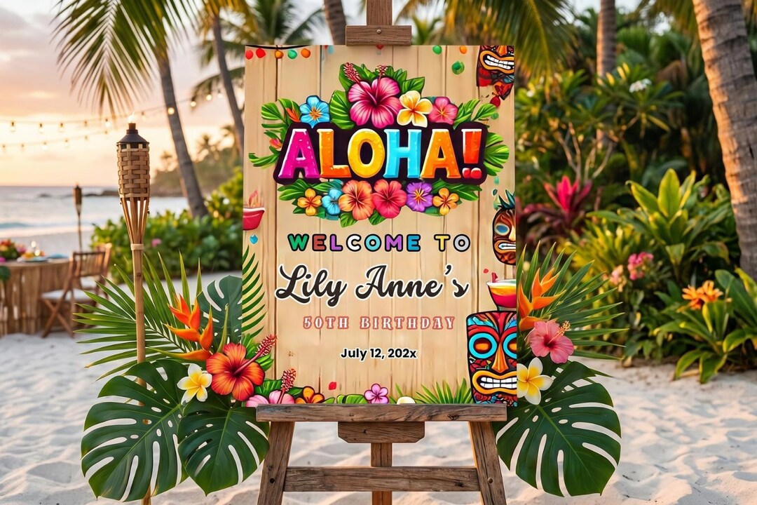 Aloha Welcome Sign Canva Template, Hawaiian Luau Tropical Party Sign ...