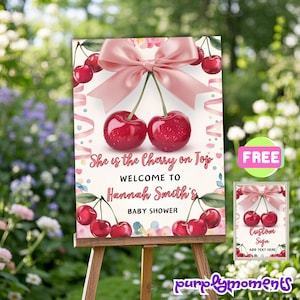 Letrero de bienvenida para baby shower de cerezas - Plantilla editable de Canva / Decoración imprimible para fiestas / Diseño personalizable / Descarga instantánea