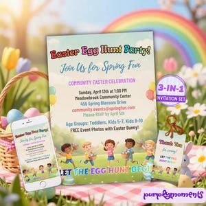 Easter Egg Hunt Invitation Template, Spring Party, Community Event (Canva Editable, 3-in-1 Set)