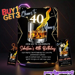Convite de aniversário de 40 anos com tema de uísque | Download digital para impressão | Design personalizado elegante para homens | Convite para festa de 40 anos