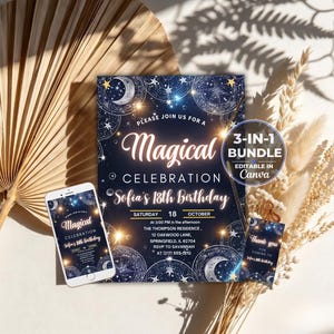 May include: A dark blue invitation card featuring celestial moon and star illustrations with the text "Magical Celebration Sofia's 18th Birthday". The set includes a smartphone displaying the same design and a small thank you card with a 3-in-1 bundle label.
