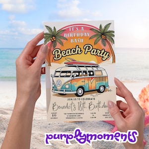Convite de aniversário para festa na praia - Design retrô de van de surfe, tema de verão tropical, modelo editável, festa infantil divertida, download instantâneo
