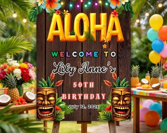 Aloha Birthday Welcome Sign Large Print Canva | Hawaiian Tropical 4 Sizes 16x20 18x24 20x30 24x36 | Editable Printable Instant Download