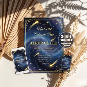 May include: A 3-in-1 digital invitation bundle featuring a dark blue celestial theme with gold shooting stars and moon accents. The set includes a rectangular invitation, a mobile phone display, and a small tag, all displaying the text Under the Celestial Skies.