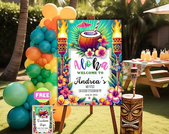 Tropical Luau Birthday Party Welcome Sign Custom Hawaiian Aloha Theme Decoration Kids Printable Birthday Sign