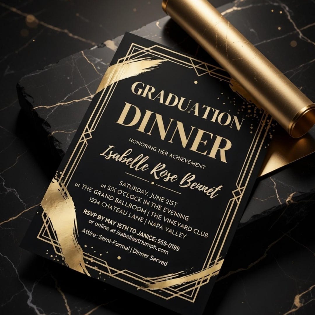 Graduation Dinner Invitation Template Black Marble Gold Foil Formal