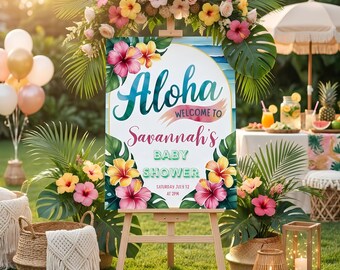 Willkommensschild für die hawaiianische Babyparty, bearbeitbare Canva-Vorlage für tropisches Luau-Fest, Aloha-Hibiskus-Poster zum sofortigen Download, 4 Größen (16x20-24x36 Zoll)
