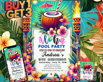 Uitnodiging tropische Aloha Pool Party: bewerkbare canva-sjabloon (digitale download)