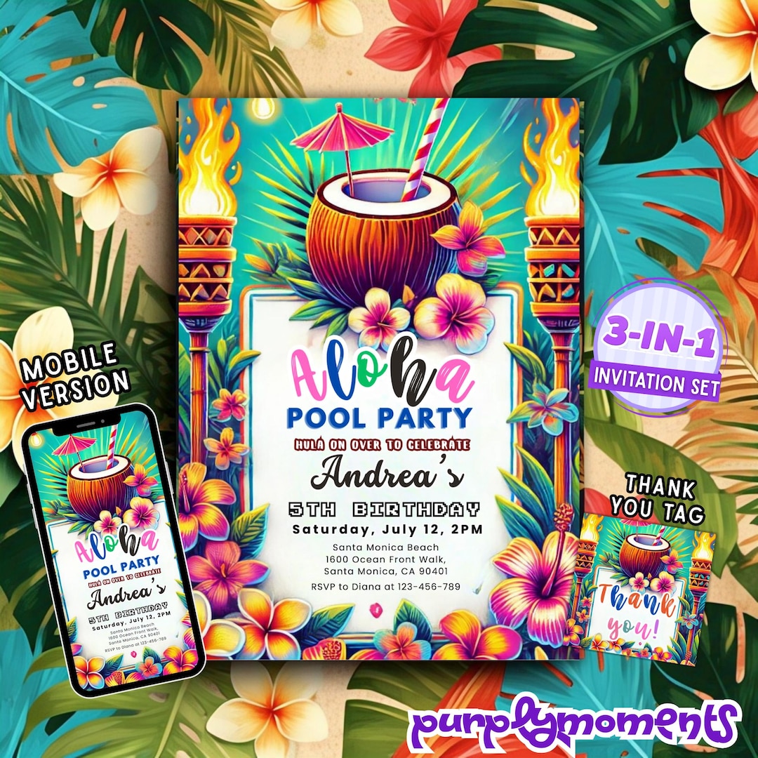 Tropical Aloha Pool Party Invitation: Editable Canva Template (digital ...