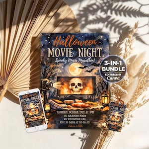 May include: A Halloween Movie Night invitation bundle featuring a dark, spooky scene with a skull, a full moon, bats, and a projector. The design includes text for a movie marathon, date, and location, plus a 3-in-1 bundle badge for Canva editing.