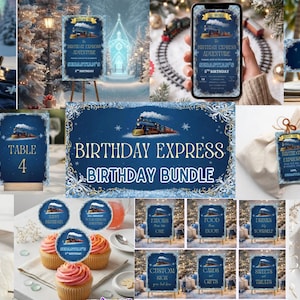 May include: A digital birthday party bundle featuring a dark blue train theme with gold accents. The set includes invitations, food labels, water bottle wraps, table signs, cupcake toppers, and a menu card, all decorated with a steam locomotive graphic.
