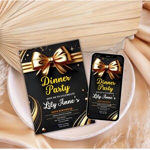 Elegante plantilla de invitación para cena dorada, descarga digital para celebración de cumpleaños, invitación personalizable para adultos, edición instantánea