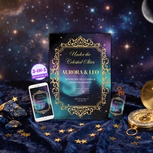 Celestial Engagement Invitation Bundle, Galaxy Party Evite, Editable Phone Invite, Thank You Tag, Starry Night Template, Instant Download