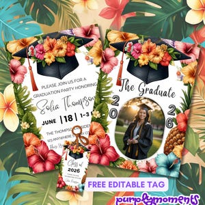 Faire-part de remise des diplômes tropical avec photo modifiable, invitation à la fête de remise des diplômes Aloha, téléchargement immédiat modèle canva faire-part de finissants numérique