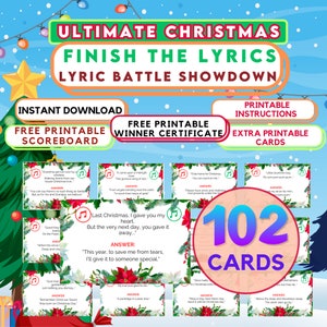 Ultimative Weihnachtsfeier Spiel Beenden Sie die Texte Druckbare Spaß Familie Aktivität Lyrik Schlacht Sofortiger Download Urlaub Unterhaltung 102 Karten