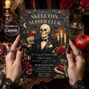 May include: A rectangular Halloween party invitation card titled Skeleton Supper Club featuring a skeleton in a tuxedo holding a cocktail glass, surrounded by red roses, candles, and text details for an event on Saturday, October 24, 2025.