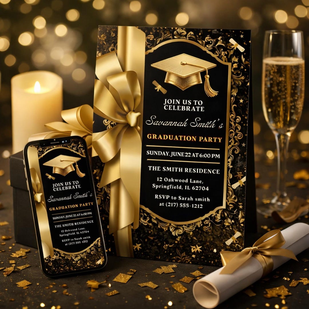 Black and Gold Graduation Party Invitation Template, Editable Grad ...