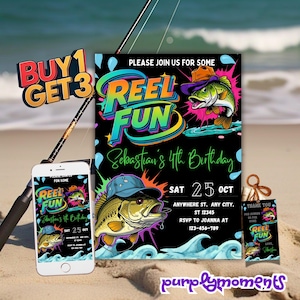 Peut inclure: Une invitation colorée pour une fête d'anniversaire de 4 ans sur le thème de la pêche. L'invitation présente un fond noir avec les mots "Reel Fun" en couleurs néon et un poisson de dessin animé portant un chapeau. Le texte "Sebastian's 4th Birthday" est également inclus en couleurs néon. L'invitation comprend la date et l'heure de la fête, ainsi que le lieu et les informations de RSVP.