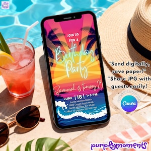 Może przedstawiać: Smartfon wyświetla zaproszenie na przyjęcie urodzinowe z motywem zachodu słońca, palmami i tekstem "Dołącz do nas na przyjęcie urodzinowe". Zaproszenie zawiera szczegóły wydarzenia i tekst "Wyślij cyfrowo, oszczędzaj papier!"