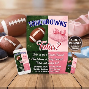 Puede incluir: Una plantilla de invitación para revelación de género con un fondo dividido en verde y rosa, un balón de fútbol americano y un tutú rosa. El texto dice Touchdowns or Tutus? Join us for a Gender Reveal! Touchdown or, Tiny Dancer? What will baby be? Saturday, August 14th at 2:00 PM. The Miller Residence, 1234 Oak Lane, RSVP to Sarah at 555-123-4567.
