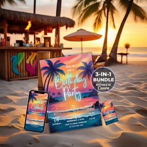 Op de afbeelding: Een 3-in-1 verjaardagsuitnodigingsbundel met een tropisch zonsondergangontwerp met palmbomen. De set bevat een grote rechthoekige kaart, een smartphone-display en een kleine kaart, allemaal met de tekst Join us for a Birthday Party.