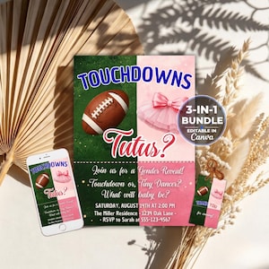 Puede incluir: Un set de invitación para revelación de género con un balón de fútbol americano y un tutú rosa con el texto TOUCHDOWNS or Tutus? Join us for a Gender Reveal! Touchdown or, Tiny Dancer? What will baby be? SATURDAY, AUGUST 14TH AT 2:00 PM The Miller Residence 1234 Oak Lane RSVP to Sarah at 555-123-4567.