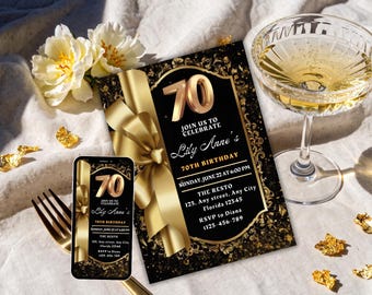 Könnte beinhalten: Eine schwarze und goldene Einladungskarte zum 70. Geburtstag und ein passendes Smartphone-Display. Das Design zeigt eine große goldene Schleife, die Zahl 70 und den Text Join us to celebrate Lily Anne's 70th birthday, Sunday June 22 at 6:00 PM.