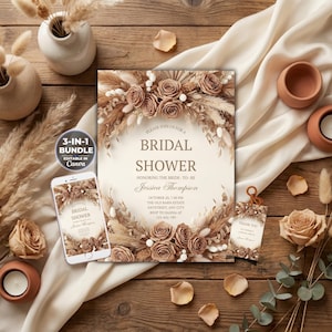Boho Pampasgräs Möhippa Inbjudan, Neutral Beige Redigerbar Canvas Mall, Torkad Blommig Öken Bröllopsdusch, Telefoninbjudan
