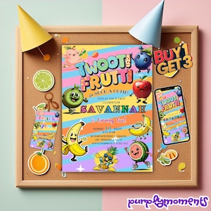 Bunte Tutti Frutti Geburtstagsfeier-Einladung bearbeitbare Vorlage Digitaler Download Kinder benutzerdefinierte Obst themed laden druckbares lustiges Design ein