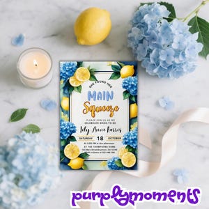 Modelo de convite para chá de panela com limão espremido principal, tema hortênsia azul e amarelo, editável, para impressão, download digital, convite para festa de verão