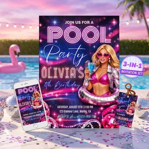 Peut inclure: Un ensemble d'invitations de fête au bord de la piscine avec une illustration glamour d'une femme en bikini rose. L'invitation comprend le texte "POOL Party OLIVIA'S 8th Birthday" et les détails de l'événement. Un smartphone et des boules disco sont également visibles.