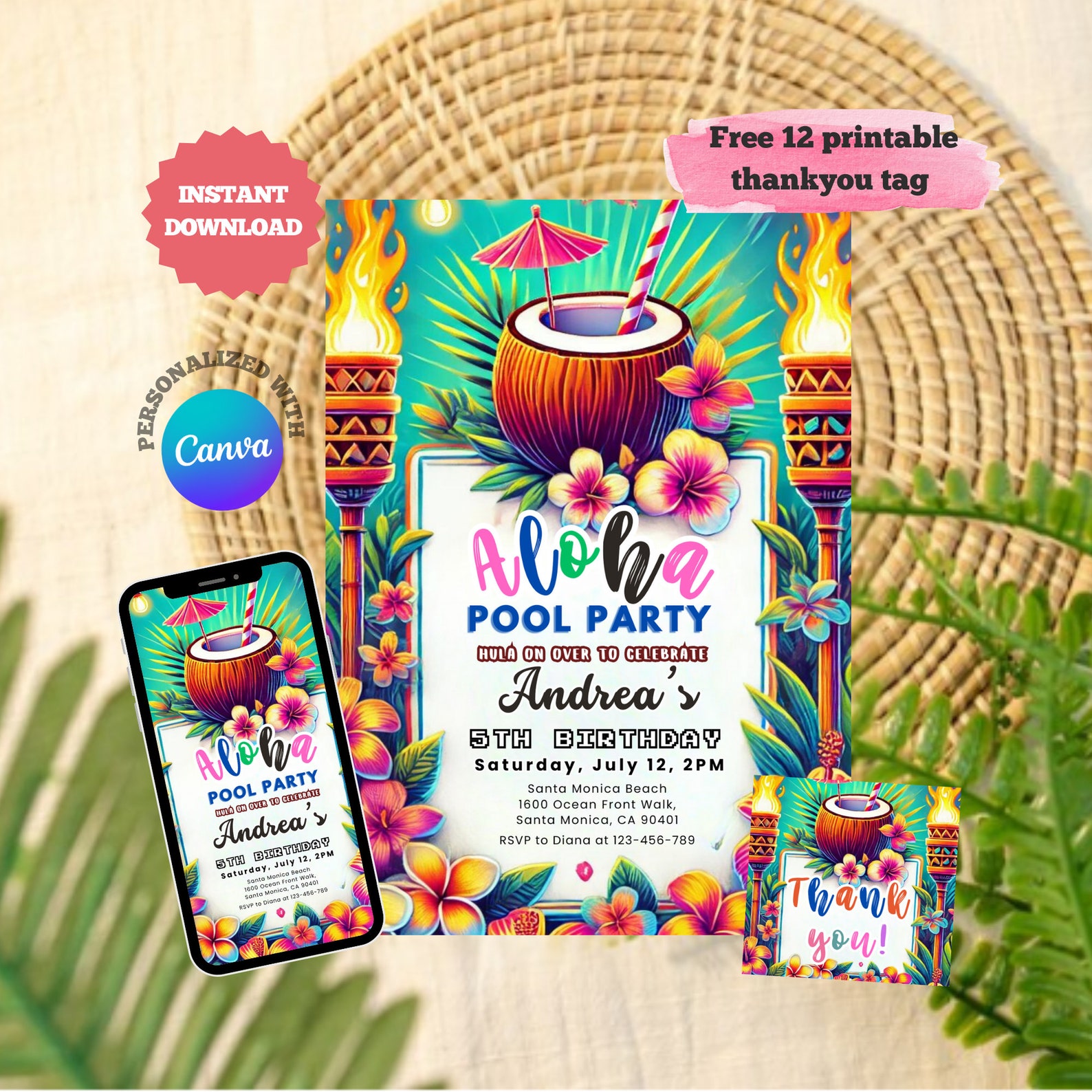 Editable Hawaiian Birthday Party Invitation Aloha Birthday Invitation ...