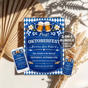 May include: An Oktoberfest invitation bundle featuring a blue and white diamond pattern, beer mugs, and white flowers. The text reads Prost! OKTOBERFEST, Bavarian Beer Festival, Eat, Drink & Be Merry!, SATURDAY, OCTOBER 9TH, 6:00 PM 1234 Maple Lane, Anytown, RSVP to Lisa: 555-123-4567, and 3-IN-1 BUNDLE EDITABLE IN Canva.