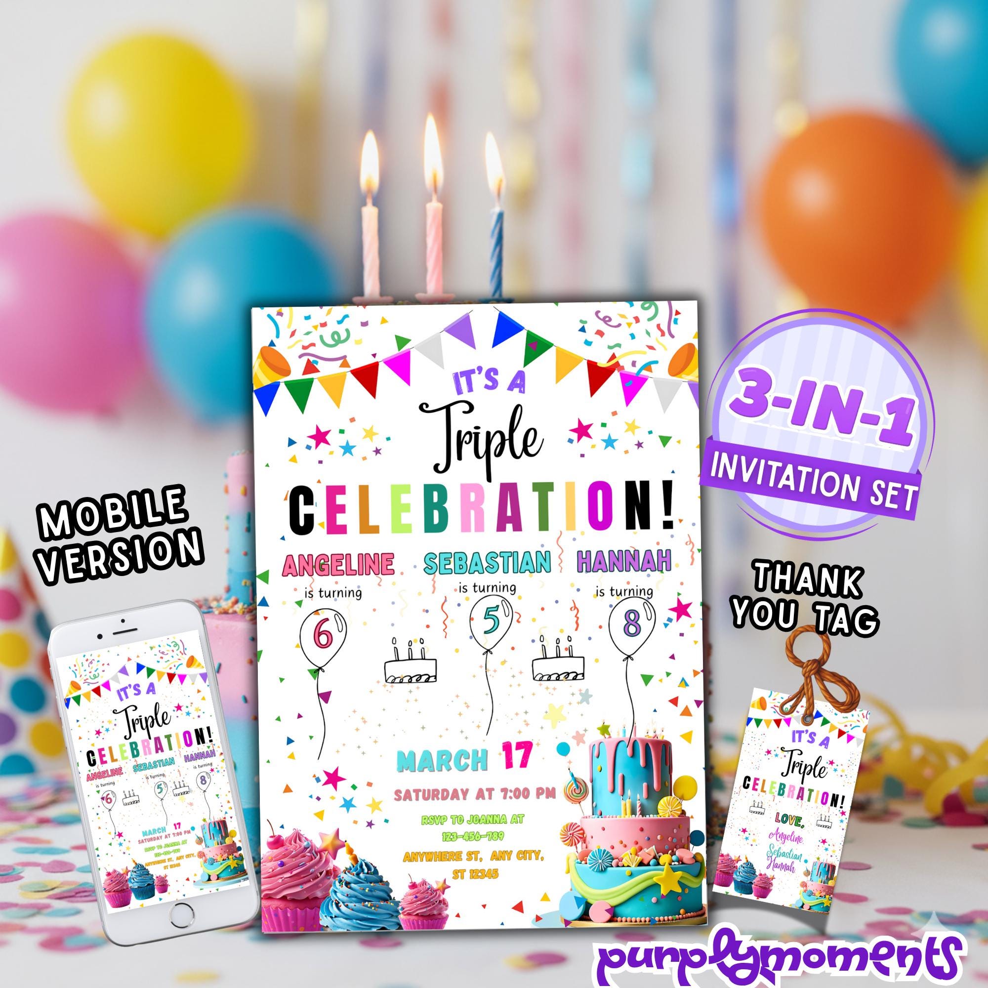 Triple Birthday Invitation Template: Colorful Cupcake Theme (digital  Download) - Etsy, image size:2000x2000