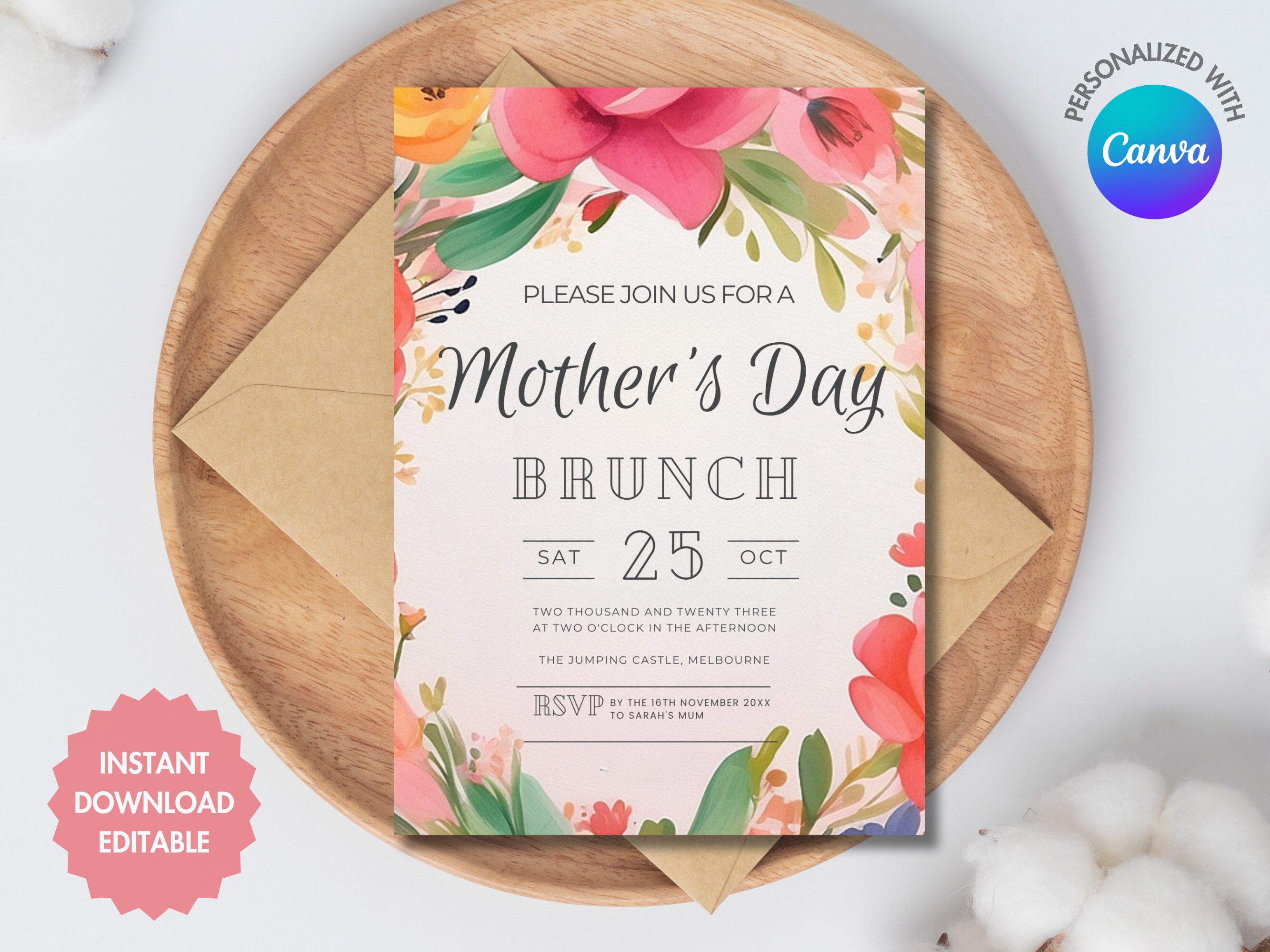 Floral Mother's Day Invitation Template Spring Blooms Mother's Day Celebration Invite Editable