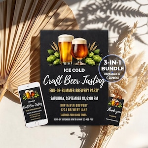 May include: A black craft beer tasting event flyer, a smartphone displaying the same flyer, and a small thank you tag. The flyer features two glasses of beer, green hops, and text including ICE COLD Craft Beer Tasting, 3-IN-1 BUNDLE, and event details.