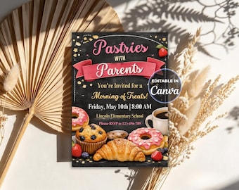 Pastries with Parents Invitation, Editable School Breakfast Printable, PTA Coffee Donuts Invite, Canva Template Instant Download 5x7