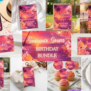 May include: A collection of party supplies with a tropical sunset theme. Includes invitations, signs, food labels, table cards, and menus. The design features palm trees, disco balls, and orange slices, with the text "Summer Soiree Birthday Bundle".